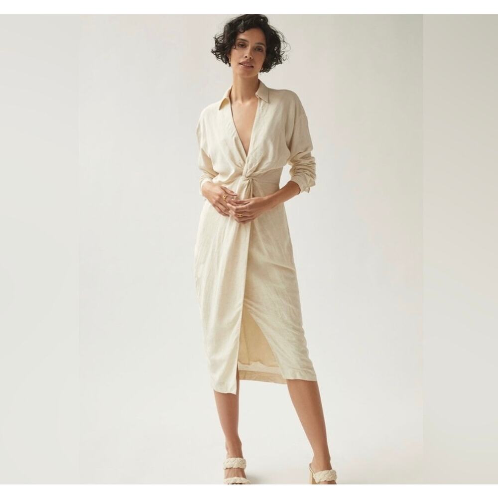 By Anthropologie V-Neck Knot Front Linen Midi Dress 6P Cream Minimalist Neutral